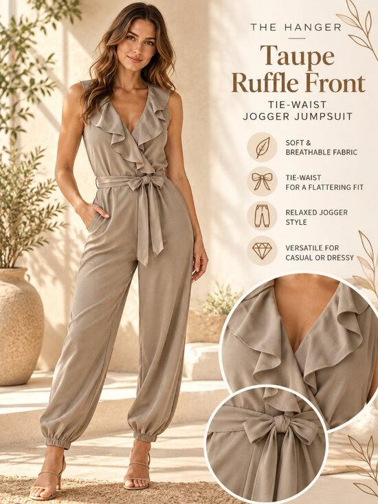 The Hanger Pants - The Hanger Taupe Ruffle Front Tie-Waist Jogger Jumpsuit Size Large
